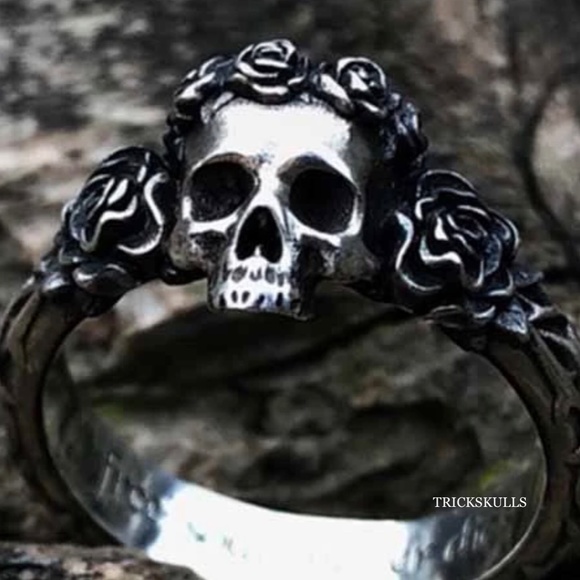 Rose Crown Skull 316L Stainless Steel Flower Ring Sizes 9 10 11 12 13 14 - Picture 11 of 12